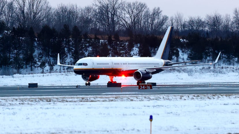 An airplane carrying captured Venezuelan President Nicolas Maduro lands at Stewart Air National Guard Base in Newburgh, N.Y. (AP Photo/Noah K. Murray)