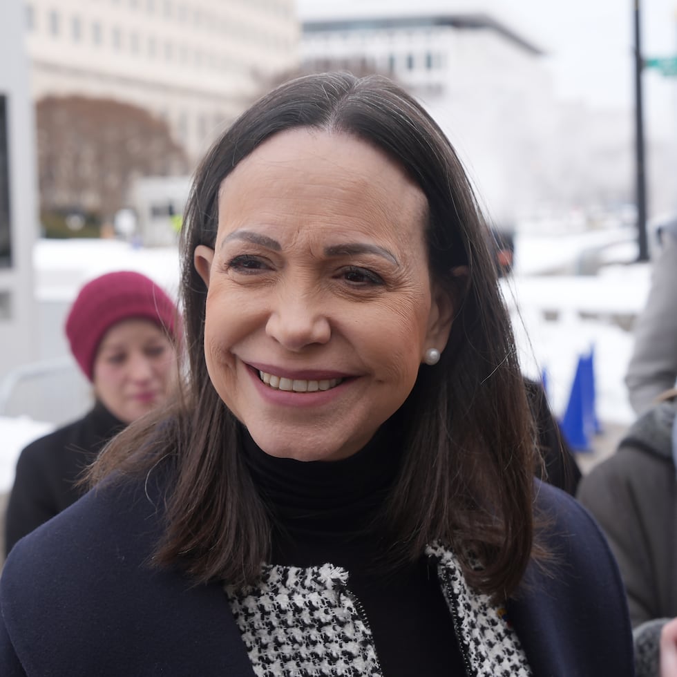 La líder opositora venezolana, María Corina Machado, hablando en una rueda de prensa en Washington.