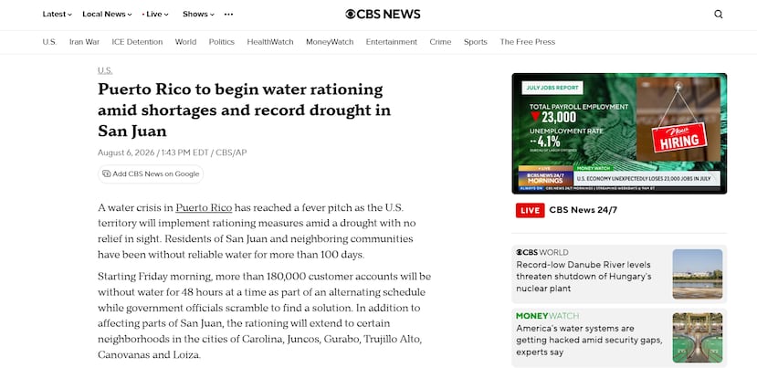 Fotocaptura del reportaje publicado por CBS News sobre la crisis de agua y la implementación del plan de racionamiento en Puerto Rico.
