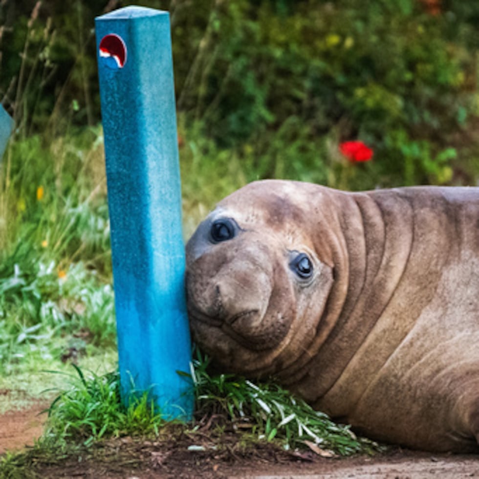 En esta fotografía cedida por Sam Volker Photography, Neil the Seal, un elefante marino de 1.000 kg (2.200 libras), se acurruca junto a unos bolardos que ha dañado en Tasmania (Australia), el 27 de junio de 2026. (Sam Volker Photography vía AP)