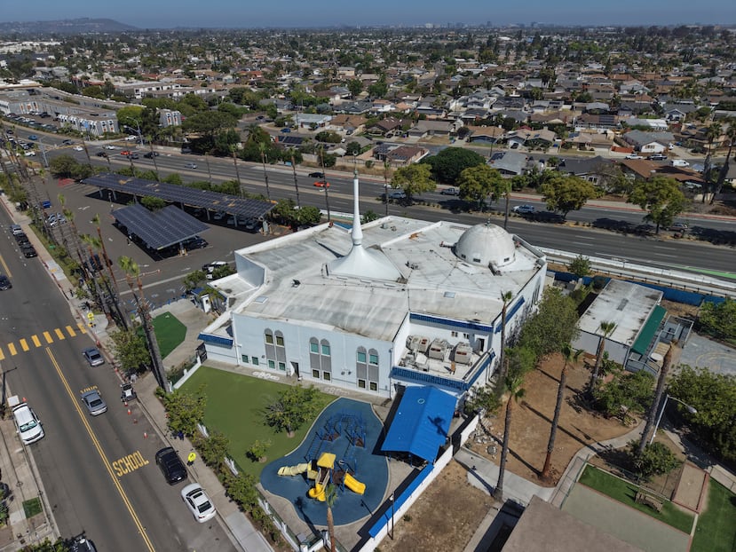 This aerial image shows the Islamic Center of San Diego, Tuesday, May 19, 2026, in San Diego. (AP Photo/Jae C. Hong)