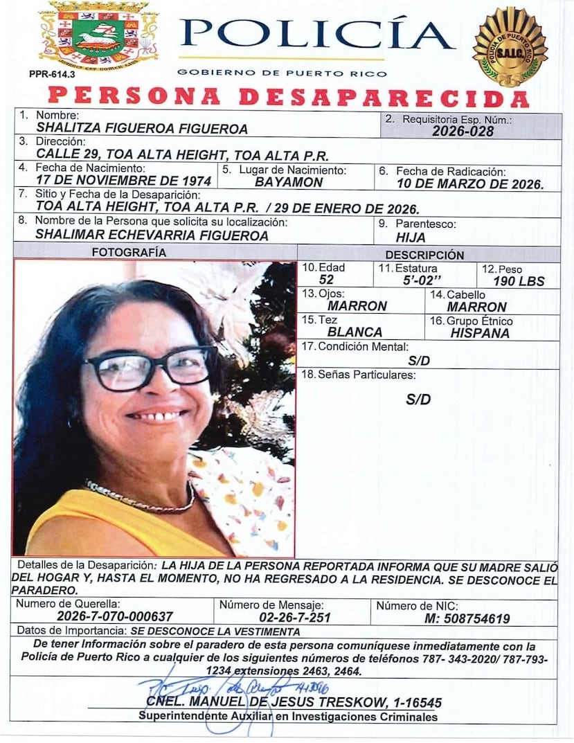 Shalitza Figueroa Figueroa, de 52 años, se encuentra desaparecida desde el 29 de enero, de la urbanización Toa Alta Heights.