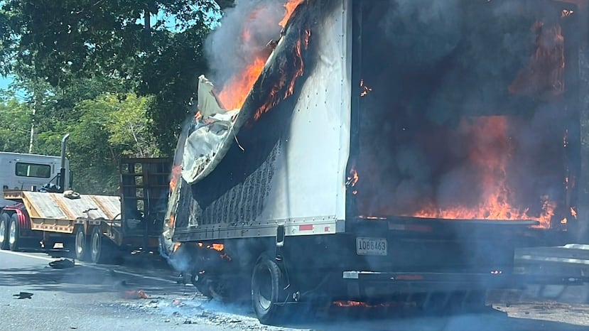 Así luce el camión incendiado en medio de la vía.