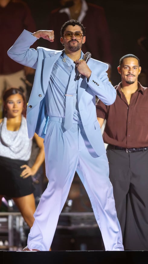 The blue suit Bad Bunny wore to open his concerts was custom-made by Anthony Vaccarello for Saint Laurent.