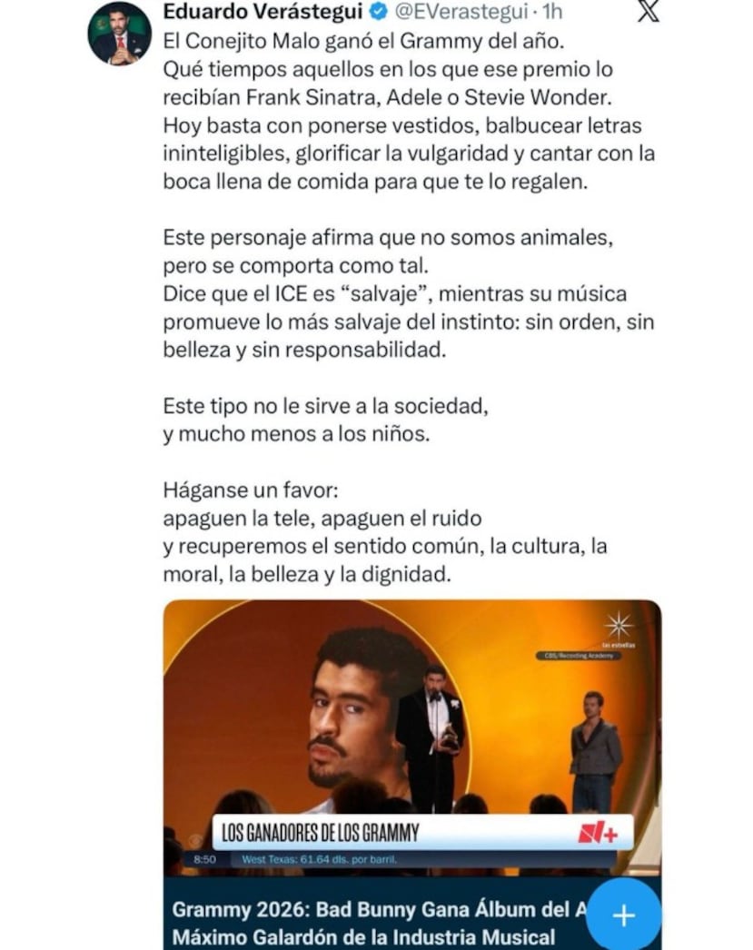 Publicación de Eduardo Verástegui en X.