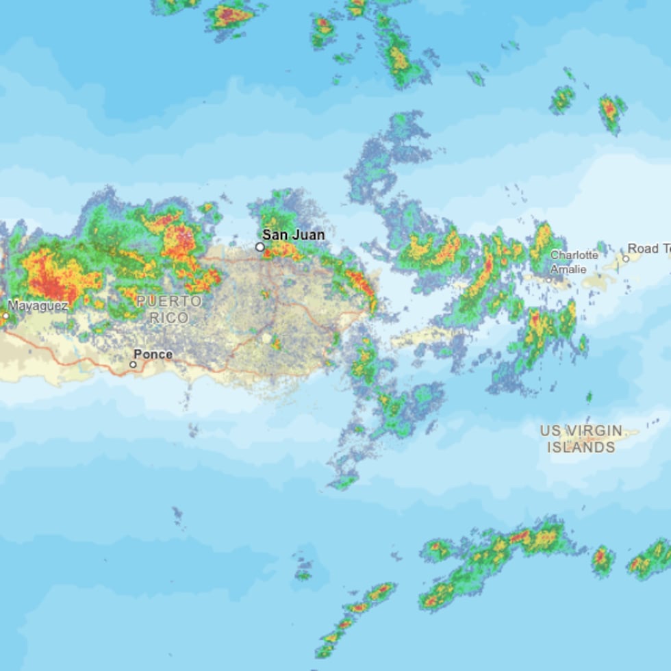 Mapa muestra la actividad de lluvia en el norte y noroeste de Puerto Rico.