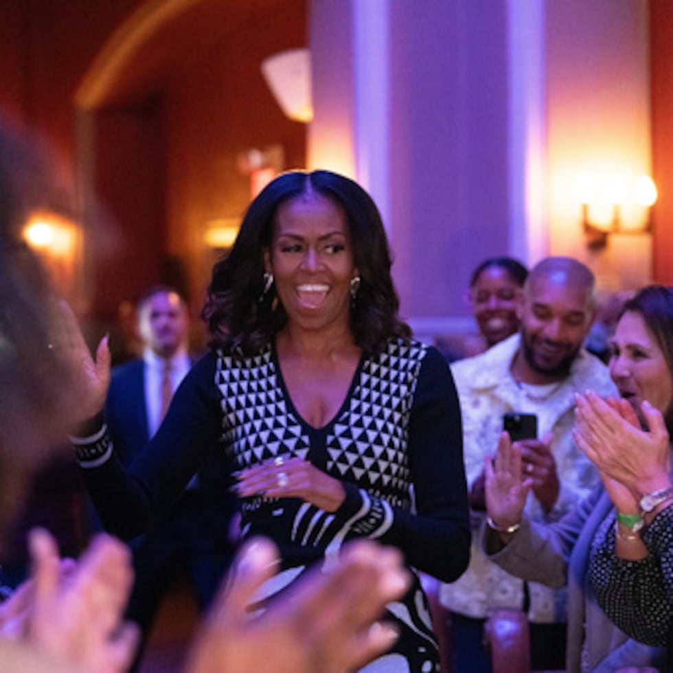 Former first lady Michelle Obama speaks about her new book "The Look" during an event at Sixth and I, Wednesday, Nov. 12, 2025, in Washington. (AP Photo/Allison Robbert)