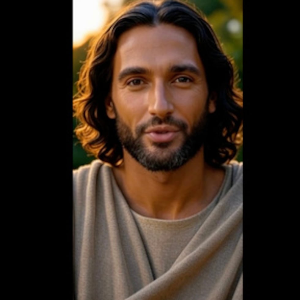 En esta imagen de vídeo proporcionada por Just Like Me en abril de 2026, el cofundador e inversor de la empresa Jeff Tinsley, abajo a la derecha, interactúa con un Jesús generado por IA. (Just Like Me vía AP)