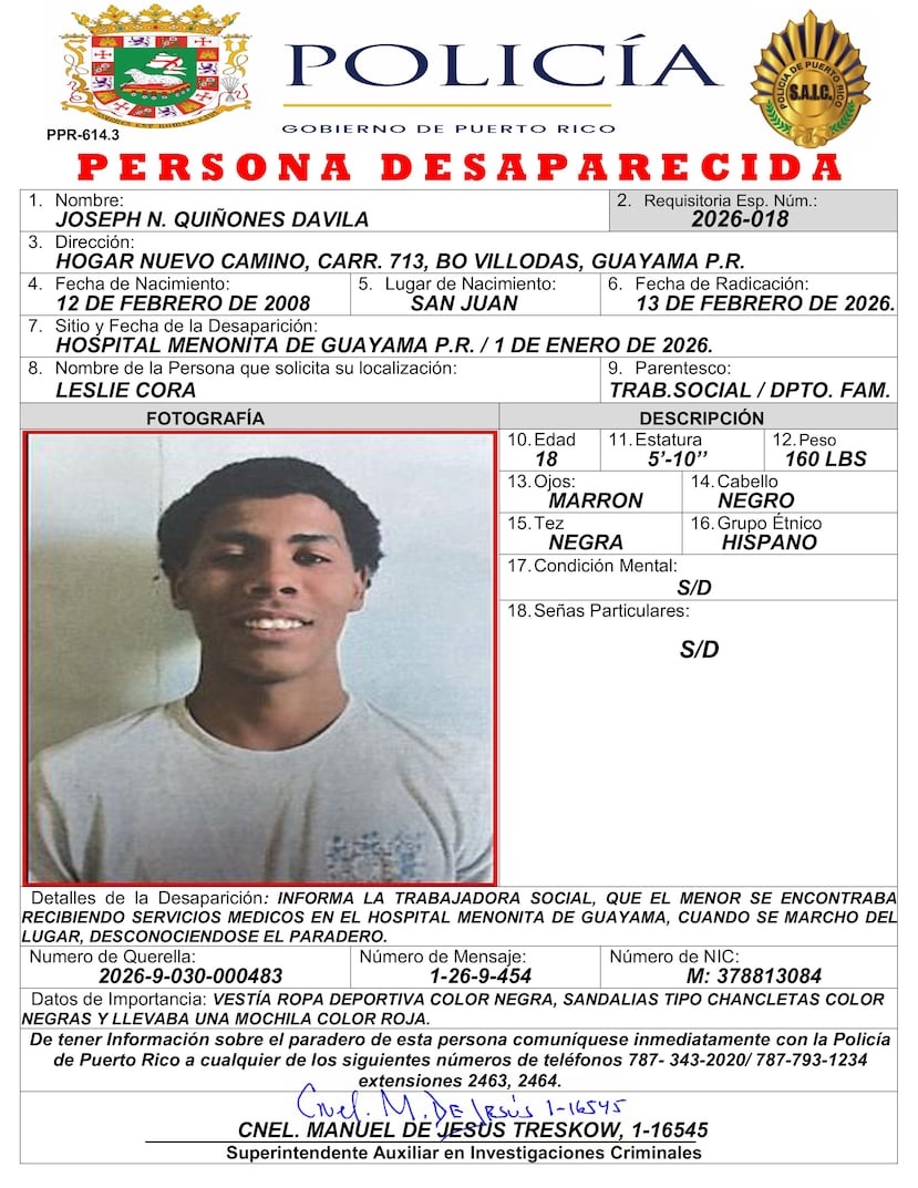 Joseph N. Quiñones Dávila, quien reside en el Hogar Nuevo Camino del barrio Villodas, en Guayama, fue visto por última vez en enero de 2026, en los predios del Hospital Menonita del mismo municipio.