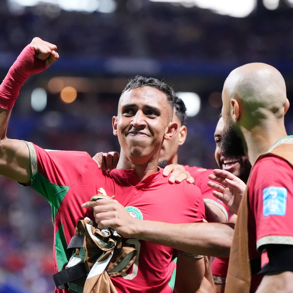 Soufiane Rahimi, de Marruecos, festeja luego de anotar ante Haití en un encuentro del Mundial.