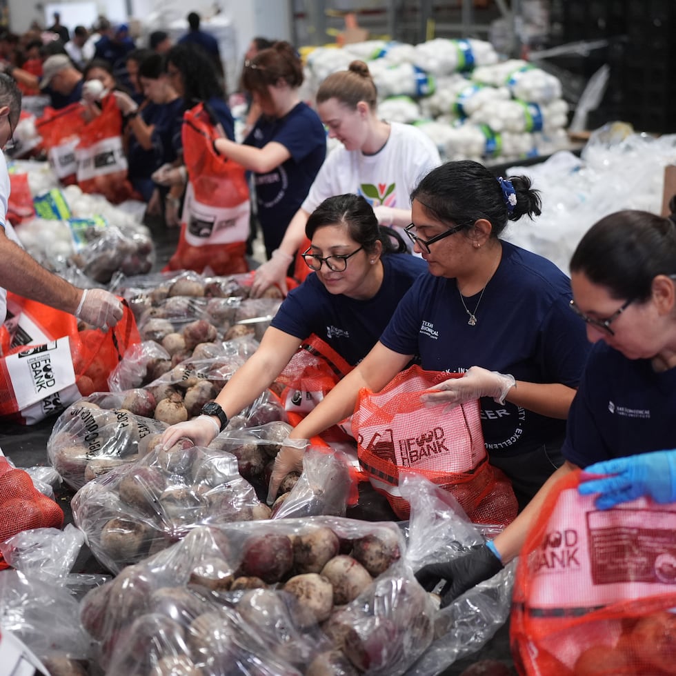 Voluntarios del Banco de Alimentos de San Antonio cargan bolsas de papas para una distribución de alimentos destinada a los beneficiarios del programa SNAP y a otros hogares afectados por el cierre del gobierno federal, el jueves 6 de noviembre de 2025, en San Antonio. (AP Photo/Eric Gay)