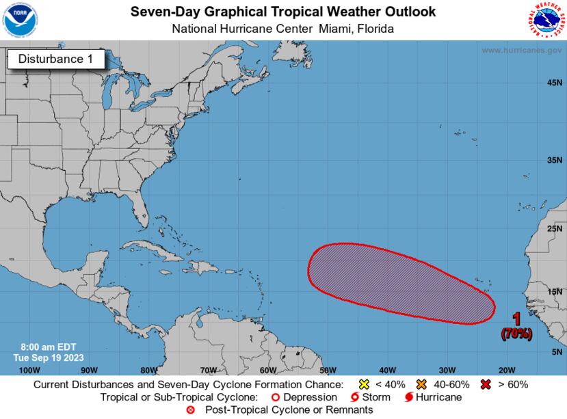 Mapa que marca el área de posible desarrollo de una onda tropical. Esta gráfica no establece una trayectoria oficial y responde al informe de las 8:00 a.m. del 19 de septiembre de 2023.