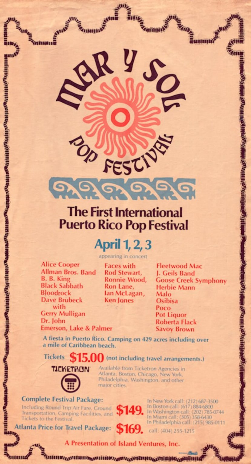 Afiche oficial del Mar Y Sol International Pop Festival, celebrado del 1 al 4 de abril de 1972 en la playa Los Tubos de Manatí.