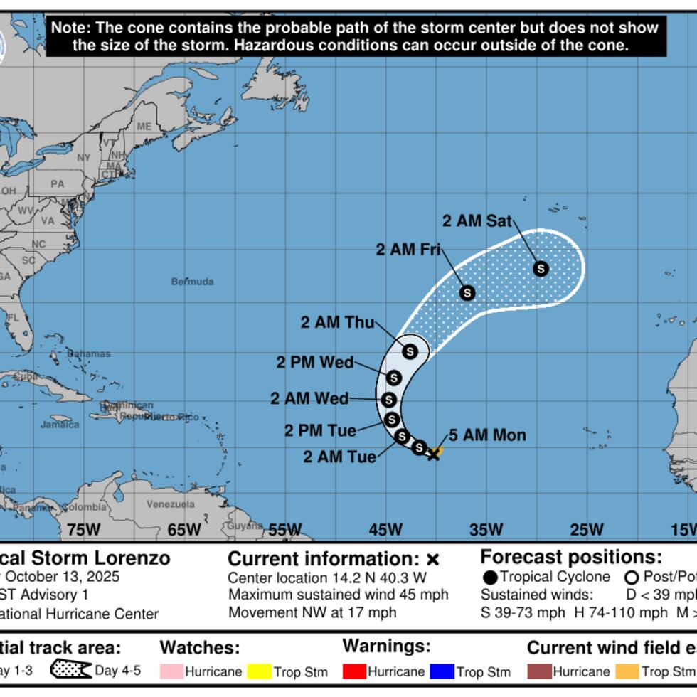 Lorenzo no representa amenaza alguna para zonas pobladas y la potencial trayectoria trazada por el CNH la mantiene alejada del Caribe.