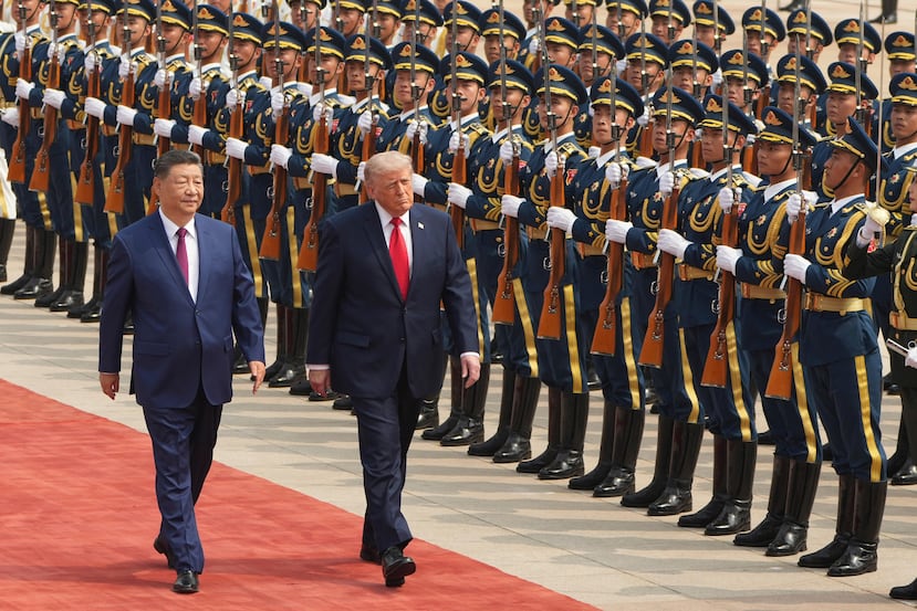 President Donald Trump participates in a welcome ceremony with China's President Xi Jinping at the Great Hall of the People, Thursday, May 14, 2026, in Beijing. (AP Photo/Mark Schiefelbein)
