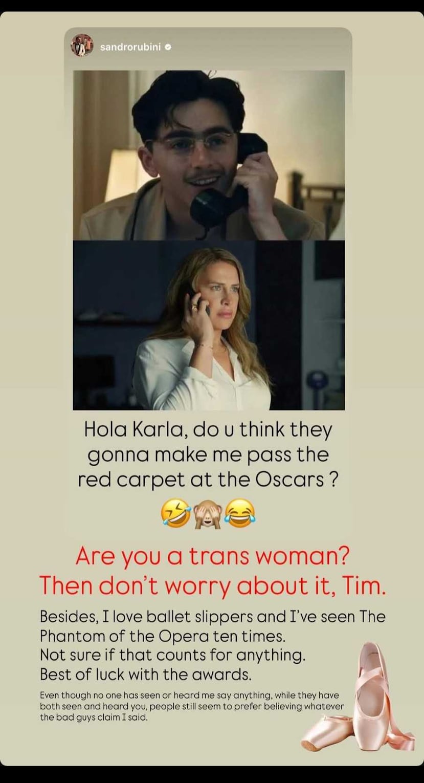 Post sobre Karla Sofía Gascón y Timothée Chalamet.