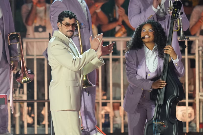 Bad Bunny performs in concert at the Allianz Parque stadium in Sao Paulo, Friday, Feb. 20, 2026. (AP Photo/Andre Penner)