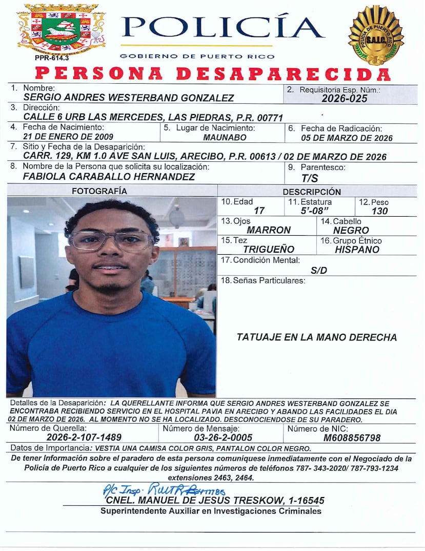 Sergio Andrés Westerband González fue reportado como desaparecido por la trabajadora social del Departamento de la Familia que mantiene su caso. Según indicó, el joven asistió a una cita médica en el hospital Metro Pavía de Arecibo, y luego abandonó las instalaciones con rumbo incierto.