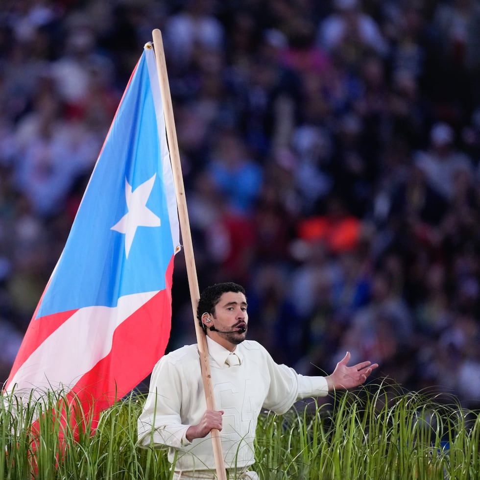 Bad Bunny performs during halftime of the NFL Super Bowl 60 football game between the New England Patriots and the Seattle Seahawks, Sunday, Feb. 8, 2026, in Santa Clara, Calif. (AP Photo/Mark J. Terrill)