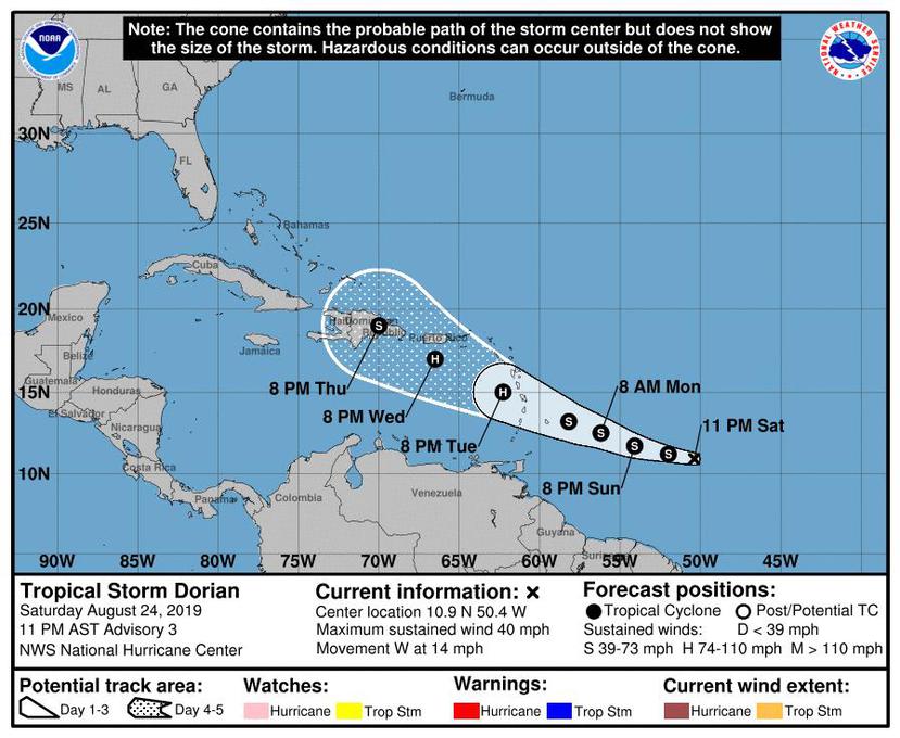Pronóstico de las 11:00 p.m. del Centro Nacional de Huracanes. (NOAA)