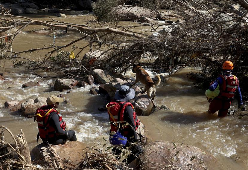 Integrantes de un equipo de búsqueda y rescate buscan cuerpos en un río cerca de Durban, Sudáfrica, el 19 de abril de 2022.
