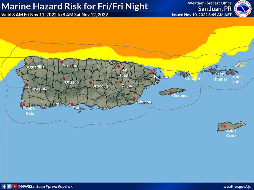 Proyección del riesgo de condiciones marítimas peligrosas para el viernes, 12 de noviembre de 2022. El color amarillo representa el riesgo limitado y el anaranjado es riesgo elevado.