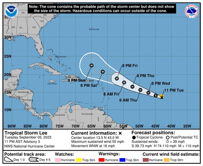 En el boletín de las 11:00 p.m., el NHC precisó que se prevé un fortalecimiento y se pronostica que Lee se convertirá en huracán mañana por la noche y en huracán importante el viernes.
