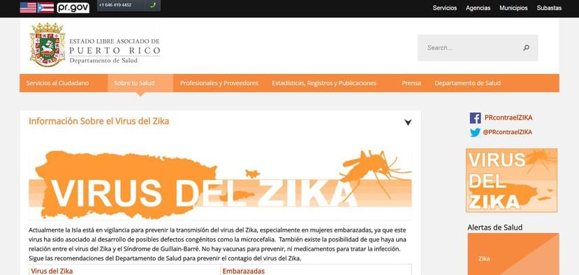 Página del Departamento de Salud sobre el zika (Foto: página del Departamento de Salud)