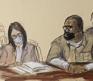 En este boceto de la corte, R. Kelly y su abogada Jennifer Bonjean, a la izquierda, durante la audiencia de su sentencia en un tribunal federal en Nueva York, el miércoles 29 de junio de 2022. El ex superastro del R&B fue sentenciado a 30 años en prisión en un caso de tráfico sexual.