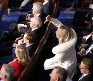 Rep. Marjorie Taylor Greene, R-Ga., reacts as President Joe Biden delivers the State of the Union address to a joint session of Congress at the U.S. Capitol, Tuesday, Feb. 7, 2023, in Washington.