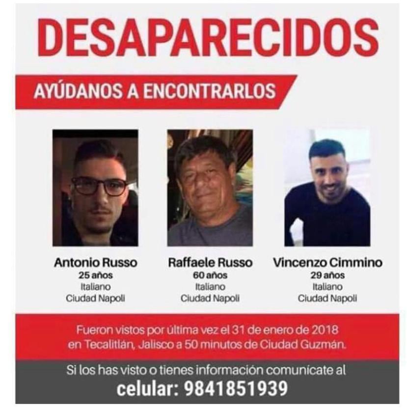 Cártel distribuido a los medios mexicanos por las familias de los tres italianos que se encuentran desaparecidos en Guadalajara, Jalisco, en Mexico (EFE).