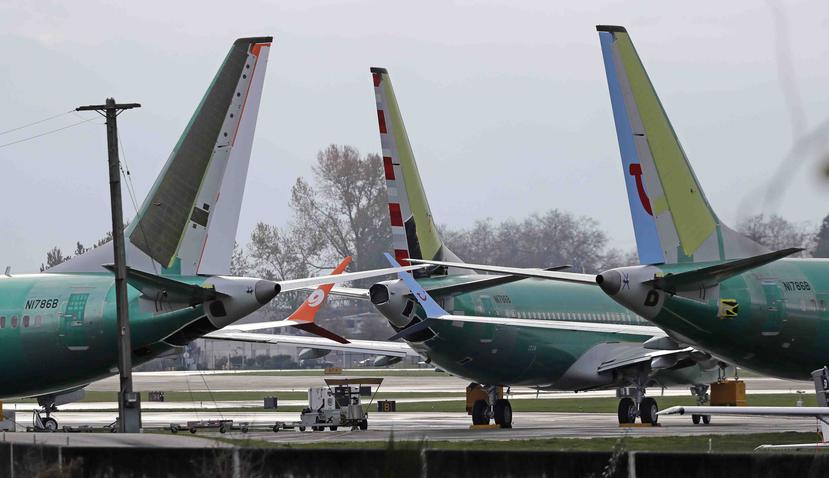 Los aviones Boeing 737-MAX 8  estacionados cerca de las instalaciones de montaje 737 en Washington. (AP)