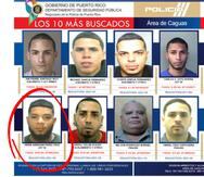 En la foto, los 10 más buscados del área de Caguas. Enmarcado en un círculo, Arkin A. Pérez Cruz, arrestado por la Policía el viernes.