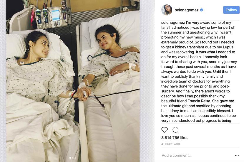 La imagen que compartió Selena Gomez (derecha) cuando reveló que había recibido un riñón de su amiga Francia Raisa. (Instagram)