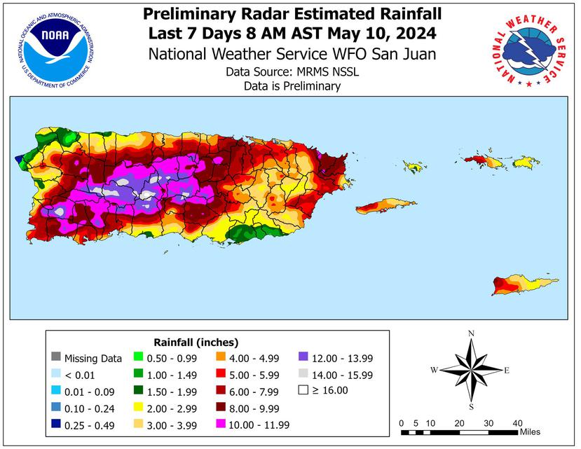 Bastante, especialmente en el interior, suroeste y oeste interior de Puerto Rico. Eche un vistazo al mapa de precipitación preliminar a continuación, que abarca desde el viernes 3 de mayo a las 8 AM AST hasta las 8 AM AST de hoy.