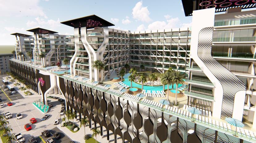 El hotel de 12 niveles consta de cuatro torres divididas por piscinas.