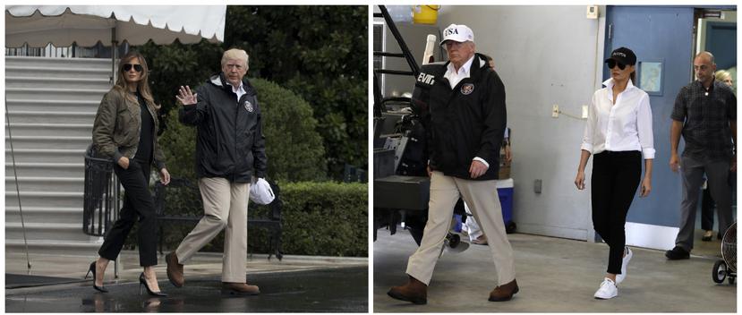 A primera hora del día, Melania Trump lució un estilo militar con altos tacones. En la tarde, cambió su ajuar por uno más cómodo. (Fotos: AP y EFE)