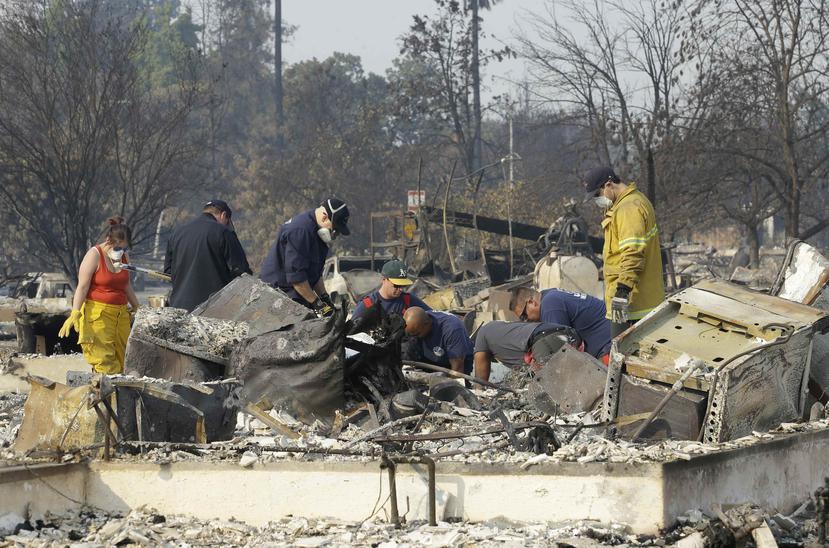 Las autoridades remueven los escombros de una casa incendiada al buscar víctimas en la zona Coffey Park de Santa Rosa. (AP)