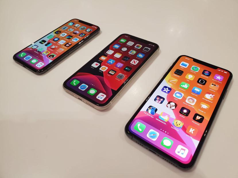 Desde la izquierda: iPhone 11, iPhone 11 Pro y iPhone 11 Pro Max.
