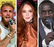 El "inversionista residente" Jake Paul, la actriz Lindsay Lohan y el cantante Akon (de izq. a der.) fueron tres de las ocho celebridades acusadas por la SEC.