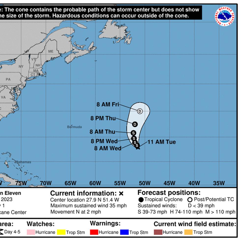 Primera trayectoria oficial pronosticada por el Centro Nacional de Huracanes para la depresión tropical 11 en la mañana del 29 de agosto de 2023.