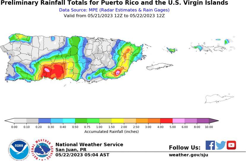 Totales preliminares de precipitación en Puerto Rico entre el 21 de mayo al 22 de mayo.