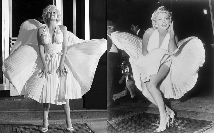 En esta combinación de fotografías, Ana de Armas como Marilyn Monroe en una escena de "Blonde", izquierda, y Marilyn Monroe posando en la filmación de "The Seven Year Itch" en Nueva York el 9 de septiembre de 1954.