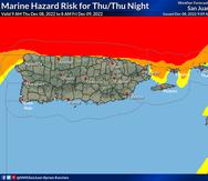 Mapa que muestra los riesgos por condiciones marítimas peligrosas para el 8de diciembre de 2022. El amarillo es riesgo limitado,el anaranjado riesgo elevado y el rojo riesgo significativo.