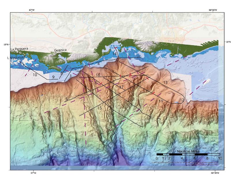 Mapa publicado por el USGS en su cuenta de Facebook que traza las formaciones  bajo el mar en la costa sur de Puerto Rico. (USGS / Facebok.com)