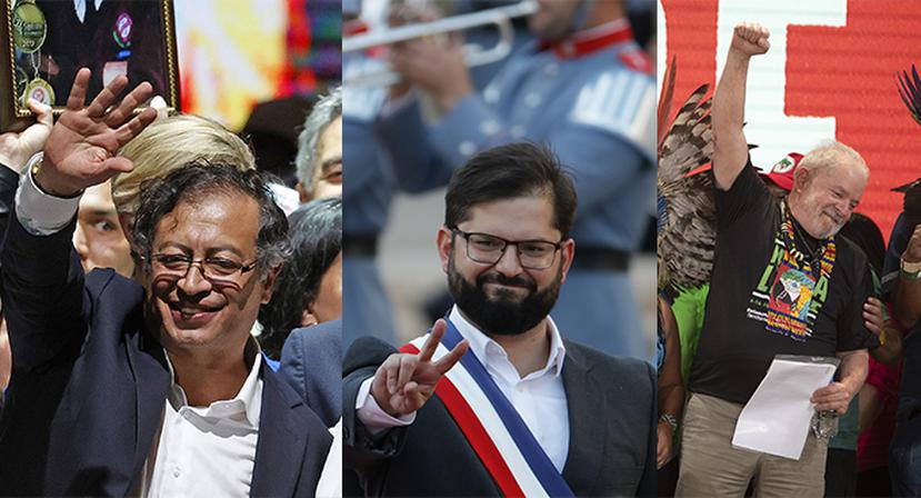 Desde la izquierda, al presidente electo de Colombia, Gustavo Petro; al presidente de Chile, Gabriel Boric; y al expresidente y candidato a la Presidencia de Brasil, Luiz Inácio Lula da Silva.