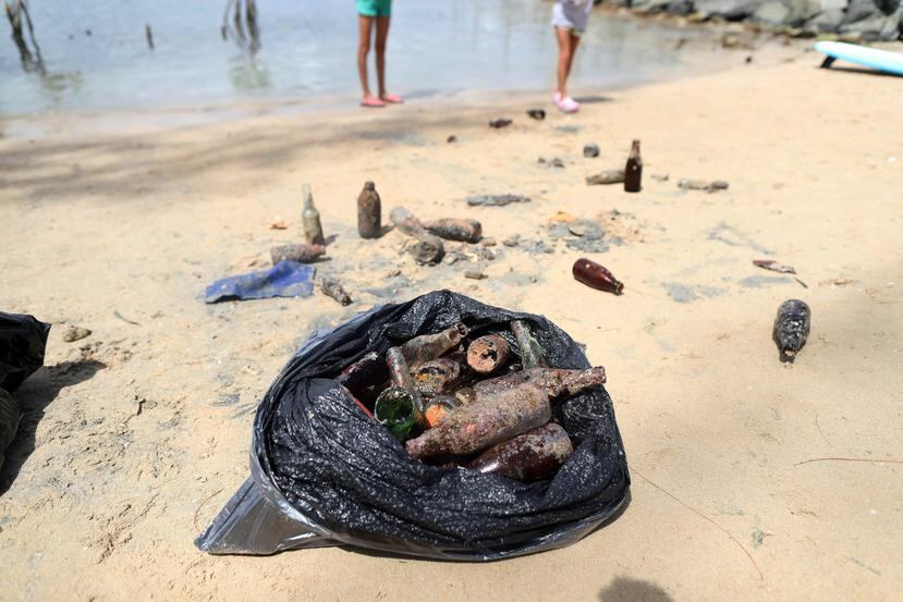 Los participantes de la limpieza removieron decenas de botellas de cristal del fondo de la laguna del Condado, en San Juan.