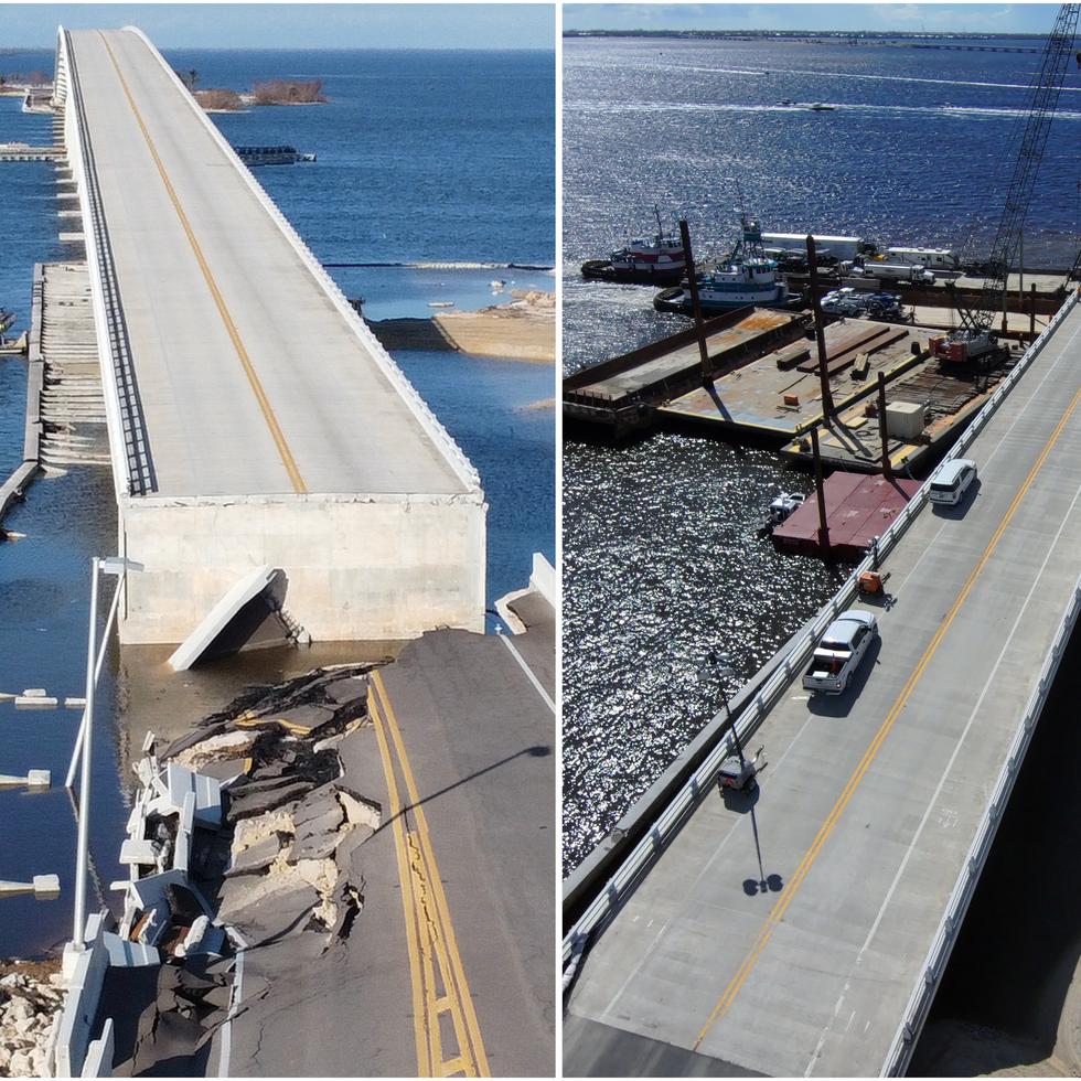 El puente de la isla Sanibel sufrió daños extensos (izq.), pero las reparaciones se completaron en apenas 10 días (der.).