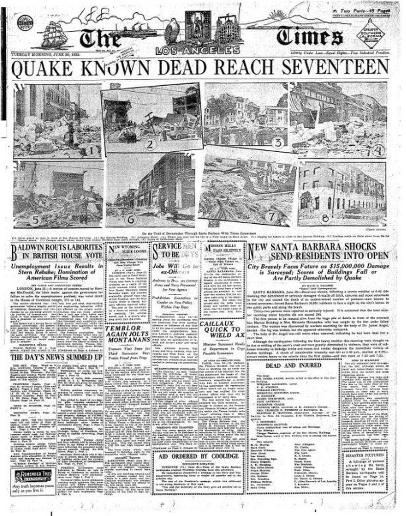 Imagen de una portada del periódico Los Ángeles Times sobre el sismo de 1925. (Captura)