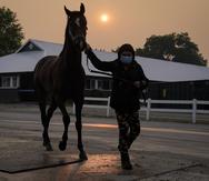 Una cuidadora usa máscara mientras lleva a un caballo de regreso a los establos mientras el sol se oscurece al fondo debido a la neblina causada por los incendios forestales del norte antes de la carrera de Belmont Stakes.